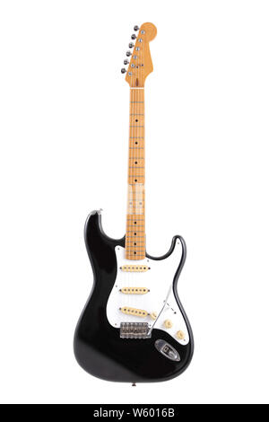 A vintage black and white electric guitar isolated on white with clipping path Stock Photo