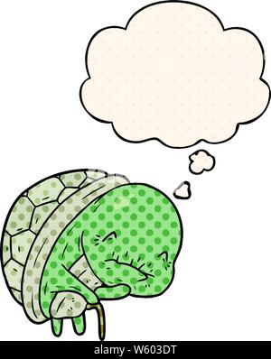cute cartoon old turtle with thought bubble in comic book style Stock Vector