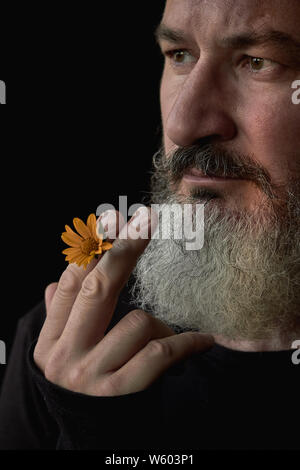 Closeup portrait of a brutal gray haired man with a beard with a yellow flower in his hands on a black background, selective focus Stock Photo