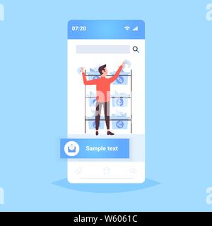 postman putting paper letters in different baskets mail postal delivery service concept smartphone screen online mobile application flat full length Stock Vector