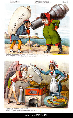 Italian political cartoon shows two scenes, at top is an Englishman carrying a large, heavy sack labeled 'Pound Sterling' on his back and leaning on a cane for support, there is a booklet in his coat pocket labeled 'Guida', moving from left to right, he encounters a big, burly old Russian man carrying a large cannon barrel labeled 'Ukase' over his right shoulder, his left arm akimbo with left hand on his hip provides additional support. They speak to each other, with each discussing the merits of their particular methods of persuasion. Stock Photo