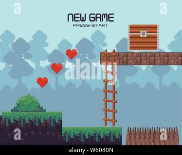 Retro videogame scenery with terrain pixelated Stock Vector