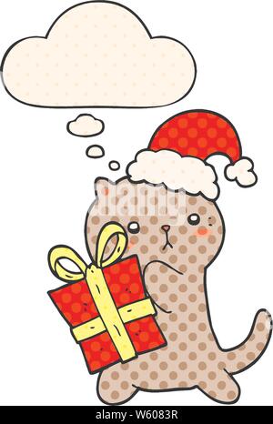 cute cartoon cat carrying christmas present with thought bubble in comic book style Stock Vector