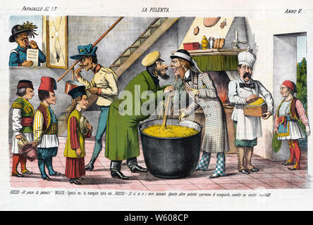 Italian political cartoon shows an interior view of a kitchen with 