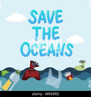 plastic pollution in ocean environmental problem concept. garbage from plastic bag and bottle floating in the ocean, waste water. text save the oceans Stock Vector