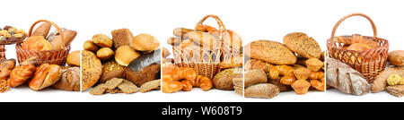 Bakery products laid out in baskets and vases isolated on white background. Stock Photo