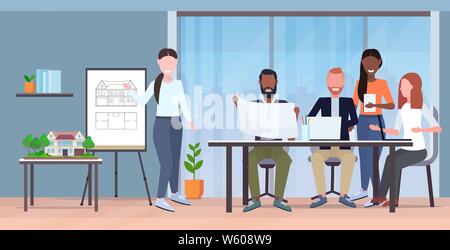 architects team working with blueprints mix race engineers discussing new building project during meeting teamwork concept modern draftsman studio Stock Vector