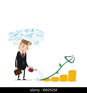financial growth success concept with happy businessman with business plan over head, watering can pouring on golden coins as step stair start from be Stock Vector