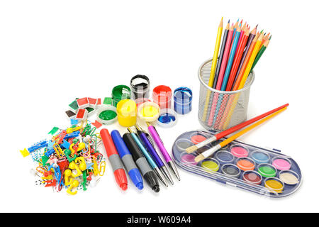 Bright school supplies isolated on white background. Copy space. Stock Photo