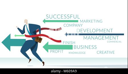 businessman running to finish line with keyword of success business components. business with success management concept Stock Vector