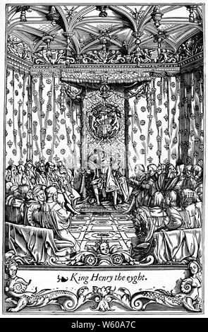 Henry VIII in Parliament, 16th century. King Henry VIII (1491-1547). King Henry VIII is seen here in Parliament. From a contemporary English line engraving. Stock Photo