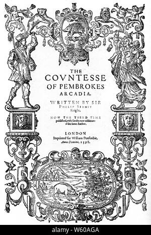 The Countess of Pembroke's Arcadia, by Sir Philip Sidney, 1598. The Title page of the third edition of the Countess of Pembroke's Arcadia, by Sir Philip Sidney (1554-1586), 1598. Stock Photo