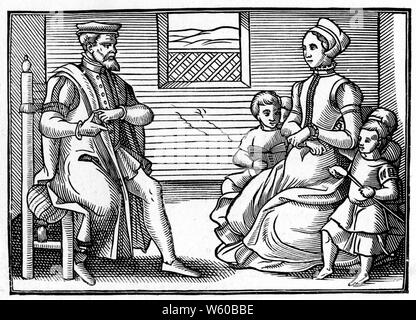 A Puritan Family, 1563. From the 'Tenor of the whole psalmes in foure partes, whiche may be song to al musicall instrumentes, set forth for the encrease of vertue: and abolishyng of other vayne and triflyng ballades'. Written by Thomas Sternhold (d1549). Published by John Day (c1522-1584). Stock Photo