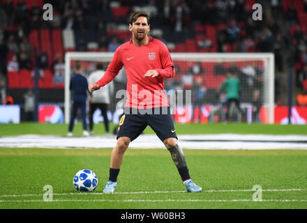 LONDON, ENGLAND - OCTOBER 3, 2018: Lionel Messi of Barcelona pictured prior to the 2018/19 UEFA Champions League Group B game between Tottenham Hotspur (England) and FC Barcelona (Spain) at Wembley Stadium. Stock Photo