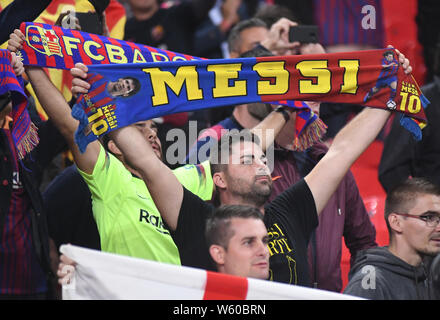 LONDON, ENGLAND - OCTOBER 3, 2018: Barcelona fan with Messi scarf pictured during the 2018/19 UEFA Champions League Group B game between Tottenham Hotspur (England) and FC Barcelona (Spain) at Wembley Stadium. Stock Photo