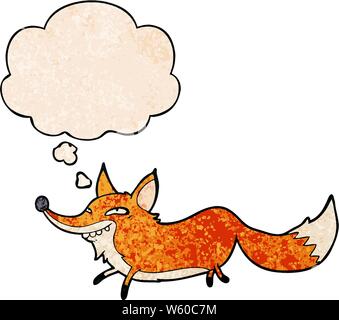 cartoon sly fox with thought bubble in grunge texture style Stock Vector