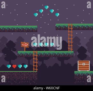 Retro videogame scenery with terrain pixelated Stock Vector