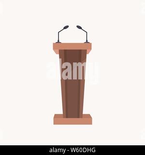 brown wooden stand presentation conference tribune with microphones flat white background Stock Vector