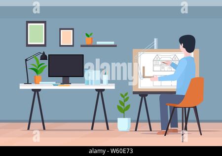 man architect at workplace engineer drafting house project on adjustable drawing board housing contractor designing house plan modern draftsman studio Stock Vector
