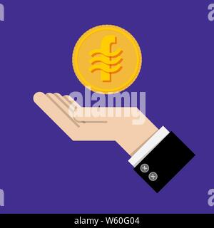 investment return concept. gold coin with sign of Libra coin currency on hand, palm of businessman. invest growth, finance plan, personal management, Stock Vector