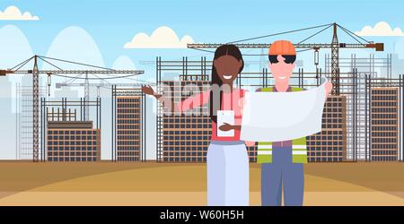 architects couple working with blueprints mix race engineers team discussing new building project during meeting builders in helmet teamwork concept Stock Vector