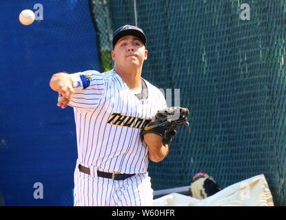 Trenton, New Jersey, USA. 30th July, 2019. New York Yankees pitcher JONATHAN  LOAISIGA, seen here in the Trenton Thunder dugout at ARM & HAMMER Park,  pitched two innings for the Thunder in