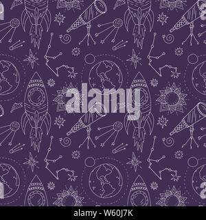 Seamless vector pattern with cosmos doodle illustrations. Galaxy handdrawn elements. Stock Vector