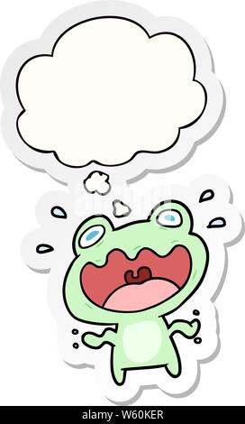 cartoon frog frightened with thought bubble as a printed sticker Stock Vector
