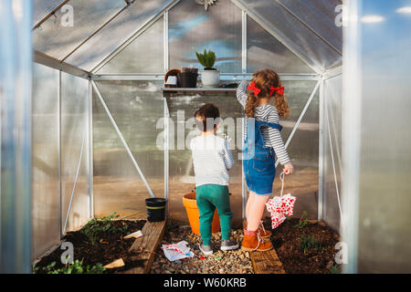 Young boy and girl checking on greenhouse in back yard Stock Photo