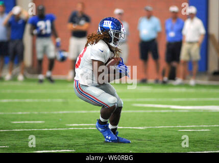 EAST RUTHERFORD, NJ - JULY 30: Daniel Jones (8) New York Giants quarterback  drops back to pass during training camp on July 30, 2022 at Quest  Diagnostics Training Center in East Rutherford