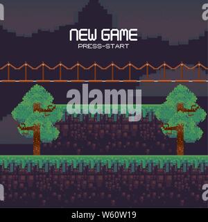 Retro videogame scenery with terrain pixelated Stock Vector