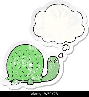 cute cartoon turtle with thought bubble as a distressed worn sticker Stock Vector