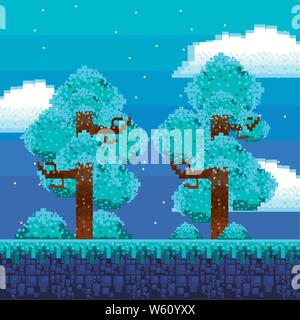Retro videogame scenery with terrain pixelated Stock Vector