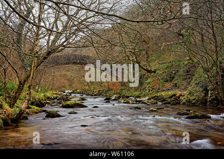 UK,North Devon,Exmoor,Footbridge over East Lyn River Stock Photo