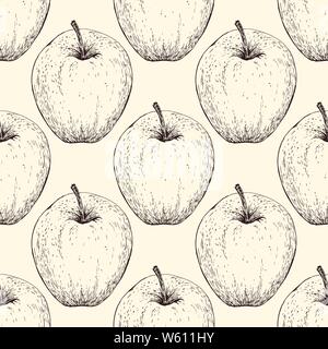Vector apple handdrawn seamless pattern in the style of engraving. Organic hand drawn elements. Farm market sketch of fruits. Stock Vector