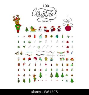 Big Christmas icon set. 100 winter handdrawn icons. Vector logo, emblems, designs. Usable for banners, greeting cards, gifts etc. Stock Vector