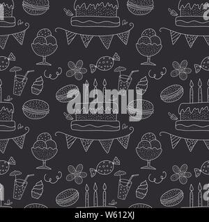Birthday vector seamless pattern with party sweets. Outline greeting illustration with cakes, candles, macarons and other tasty cookies. Stock Vector