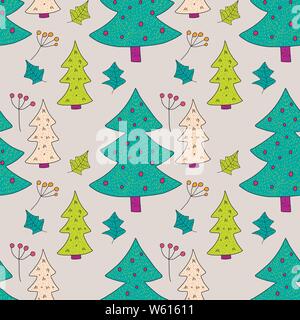 Christmas vector seamless pattern with detailed holiday illustrations with Christmas trees and berries. Stock Vector