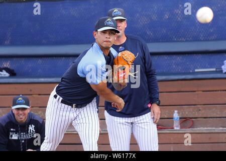 Trenton, New Jersey, USA. 30th July, 2019. New York Yankees pitcher JONATHAN  LOAISIGA, seen here in the Trenton Thunder dugout at ARM & HAMMER Park,  pitched two innings for the Thunder in