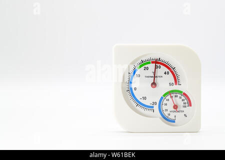 closeup hygrometer and thermometer on isolated background Stock Photo
