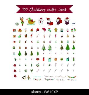 Big Christmas icon set. 100 winter handdrawn icons. Vector logo, emblems, designs. Usable for banners, greeting cards, gifts etc. Stock Vector