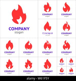 Red fire flames set, new symbols on white background, vector illustration Stock Vector