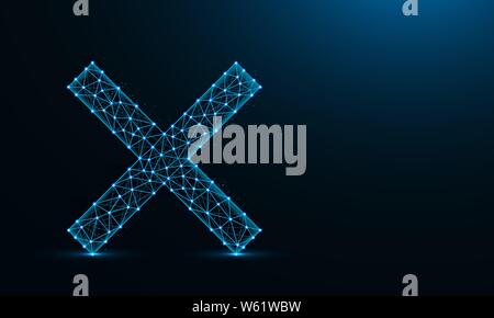 Cross mark low poly design, delete symbol in polygonal style, letter x wireframe vector illustration made from points and lines on dark blue backgroun Stock Vector