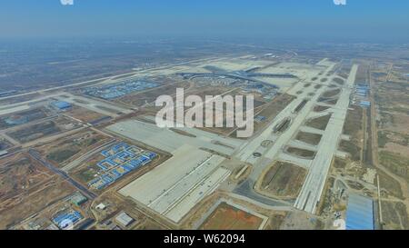 An aerial view of the Qingdao Jiaodong International Airport under construction in Jiaozhou on the outskirts of Qingdao city, east China's Shandong pr Stock Photo
