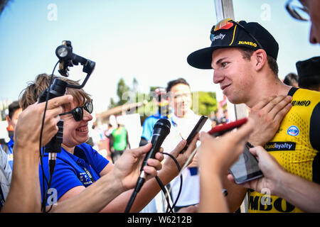 Dutch road racing cyclist Dylan Gr-enewegen who rides for the Dutch UCI WorldTeam LottoNL¨CJumbo is interviewed after winning the Beihai Stage Race du Stock Photo