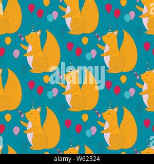 Birthday vector seamless pattern with cheerful cute squirrel. Detailed greeting illustration with balloons and animals. Stock Vector