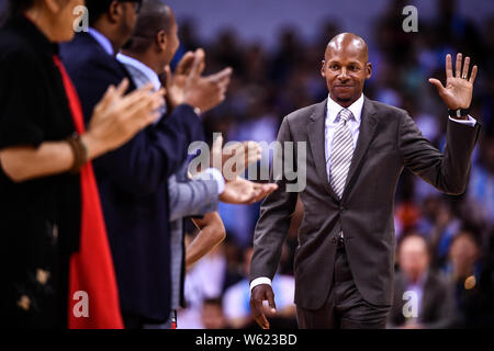 Retired NBA star Ray Allen arrives for the Shenzhen match of the NBA China Games between Dallas Mavericks and Philadelphia 76ers in Shenzhen city, sou Stock Photo