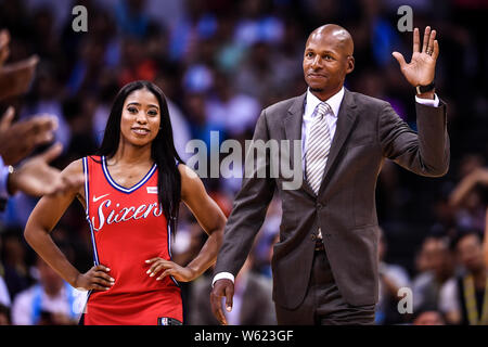 Retired NBA star Ray Allen arrives for the Shenzhen match of the NBA China Games between Dallas Mavericks and Philadelphia 76ers in Shenzhen city, sou Stock Photo