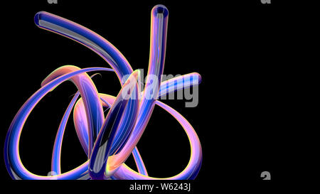 5 thick blue, pink, yellow and green lines in motion with interlaced reflective surface creating a knot on a black background. 3D Illustration Stock Photo