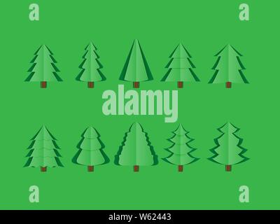 Set of origami green pine tree isolated on green background paper cut style. Design for icons, poster, brochure, flyer, wallpaper, backdrop, Christmas Stock Vector